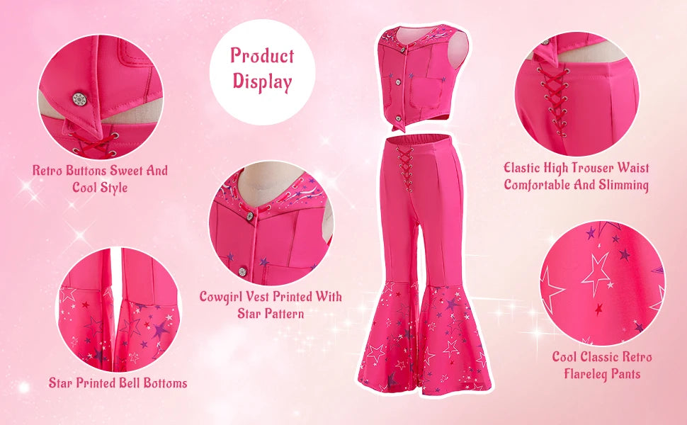 Girls Margot Movie Cospaly Costume Pink Vest Top And Flared Trousers For Kids Barbe Halloween Birthday Party Carnival Outfits