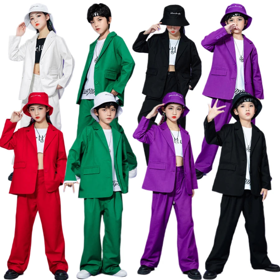 Kids Hip Hop Dance Costume Boys Girls Blazer Pants Set Streetwear Outfit for Stage Performance Competition Jazz Dance Photoshoot