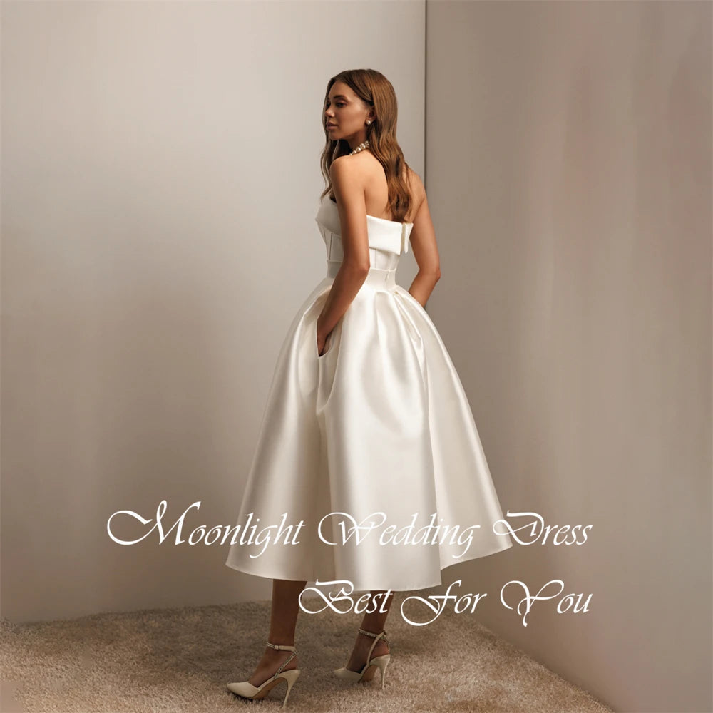 Simple Pleat Strapless A-Line Wedding Dress Women 2026 Sleeveless Backless Mid- Calf Bridal Gown Vestidos De Novia Customized