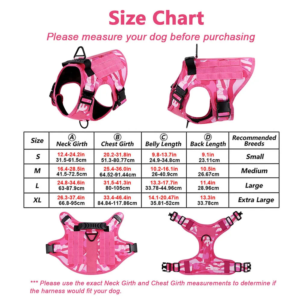 Tactical Pink Dog Harness Leash Set for Medium to Large Dog Adjustable Chest Strap Heavy-Duty Nylon for Outdoor Training Walking