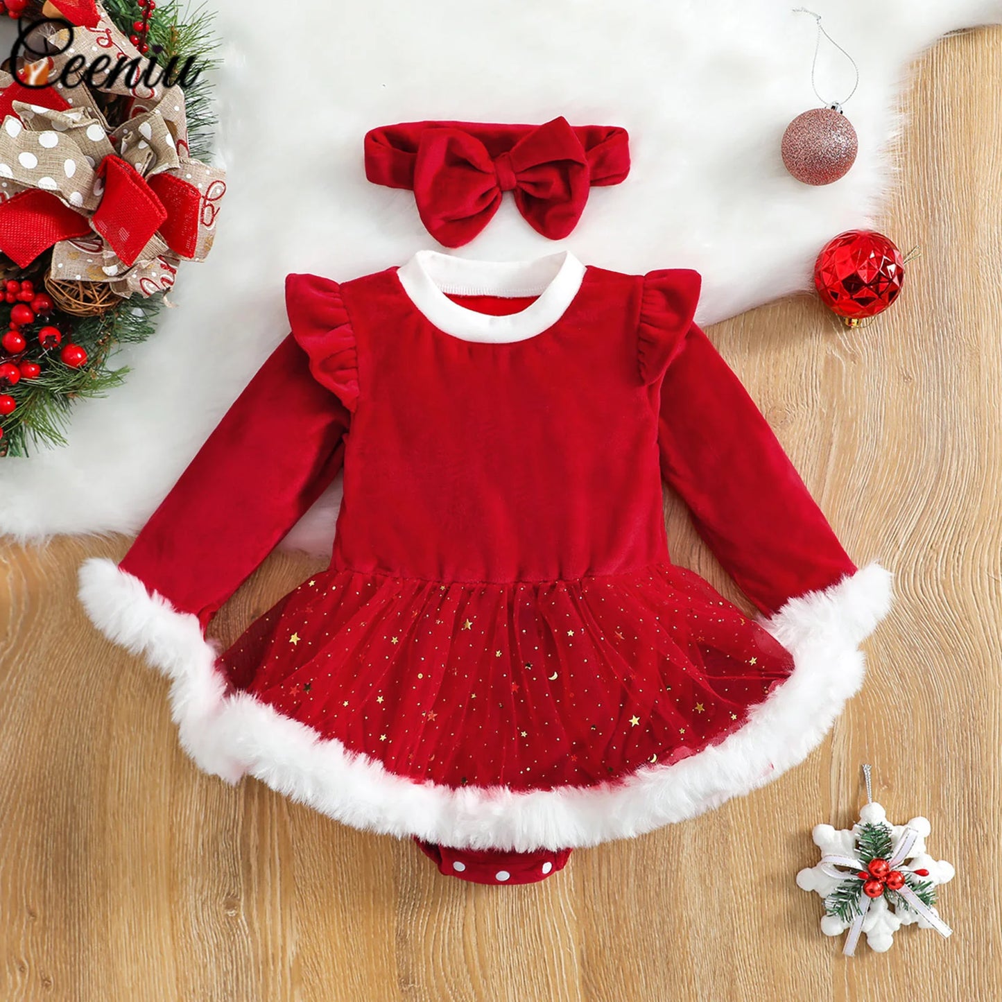 Ceeniu Baby Christmas Bodysuit Dress For Girls Green Santa Claus Letter Rompers Infants Onesies My First New Year Costume Baby