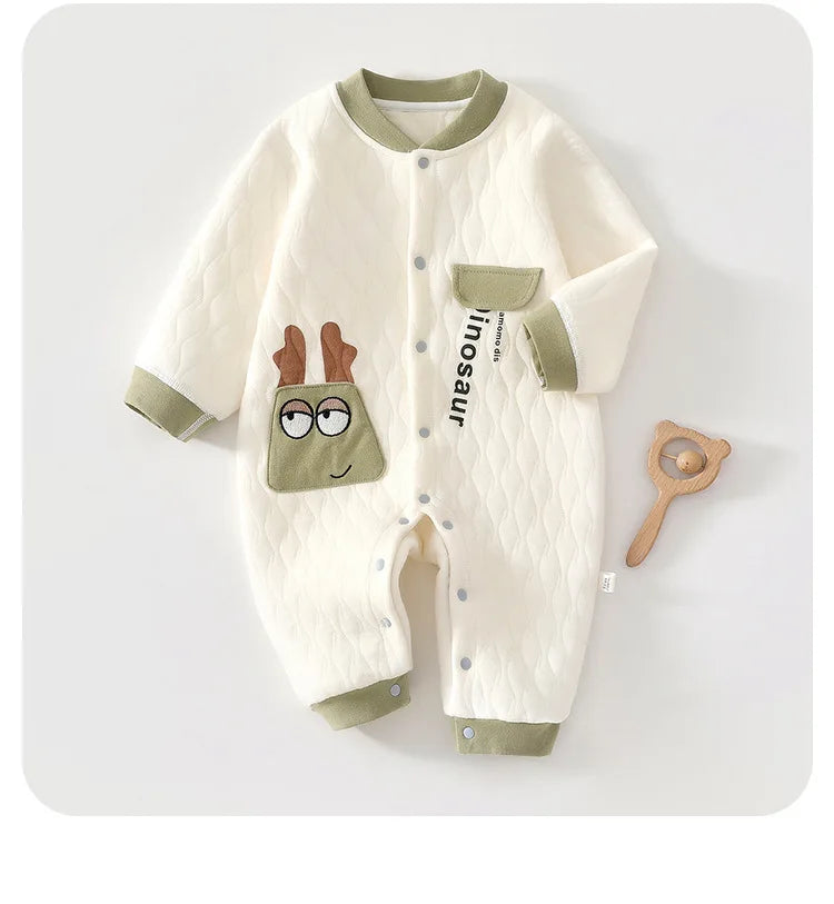 0-2Y Newborn Girl Boy Spring Bodysuit 2026 Baby Cotton Quilted Seamless Romper Autumn Warm Printed Soft Skin-Friendly Sleepwear