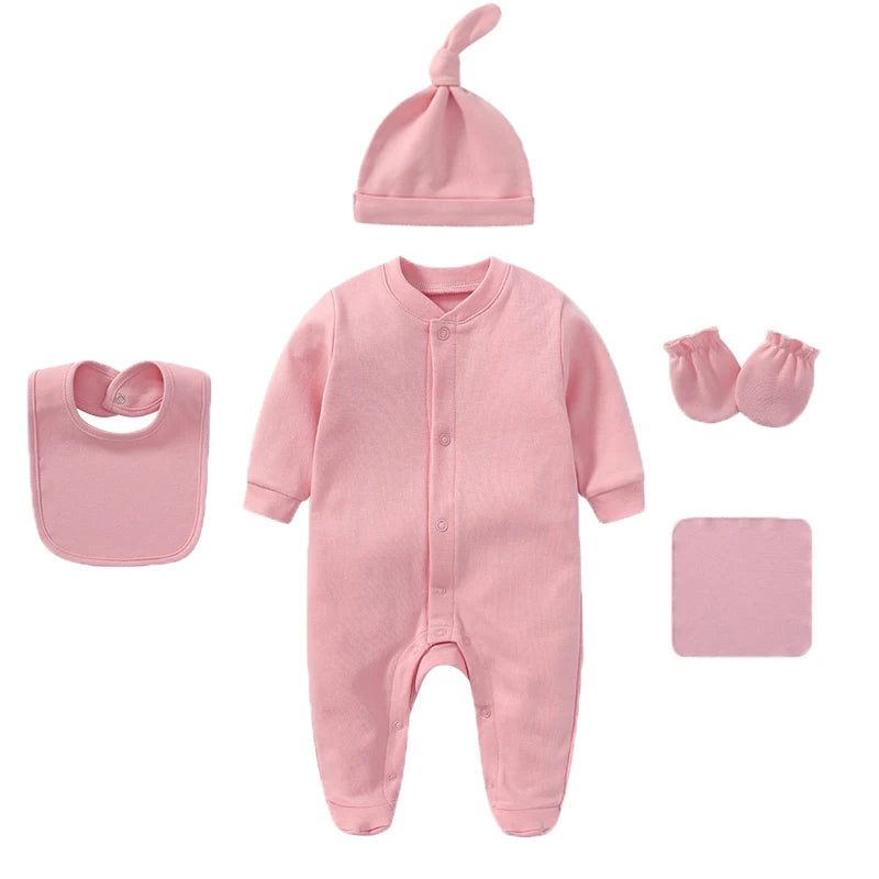 Unisex Baby Clothing Set with Jumpsuit Hat Bib Gloves Towel 5-Piece Solid Color Cotton Collection for Newborns to 6 Months
