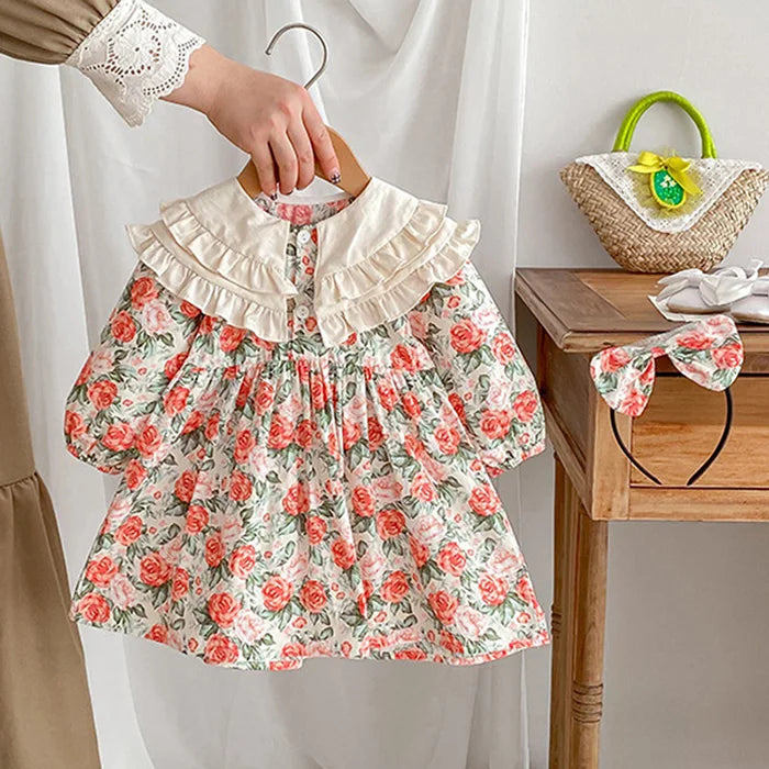 2025 New Spring Baby Sisters Dress 1-5Yrs Girl Party Dress Long Sleeved Cotton Rose Print Romper Sisters Kids Princess Dresses