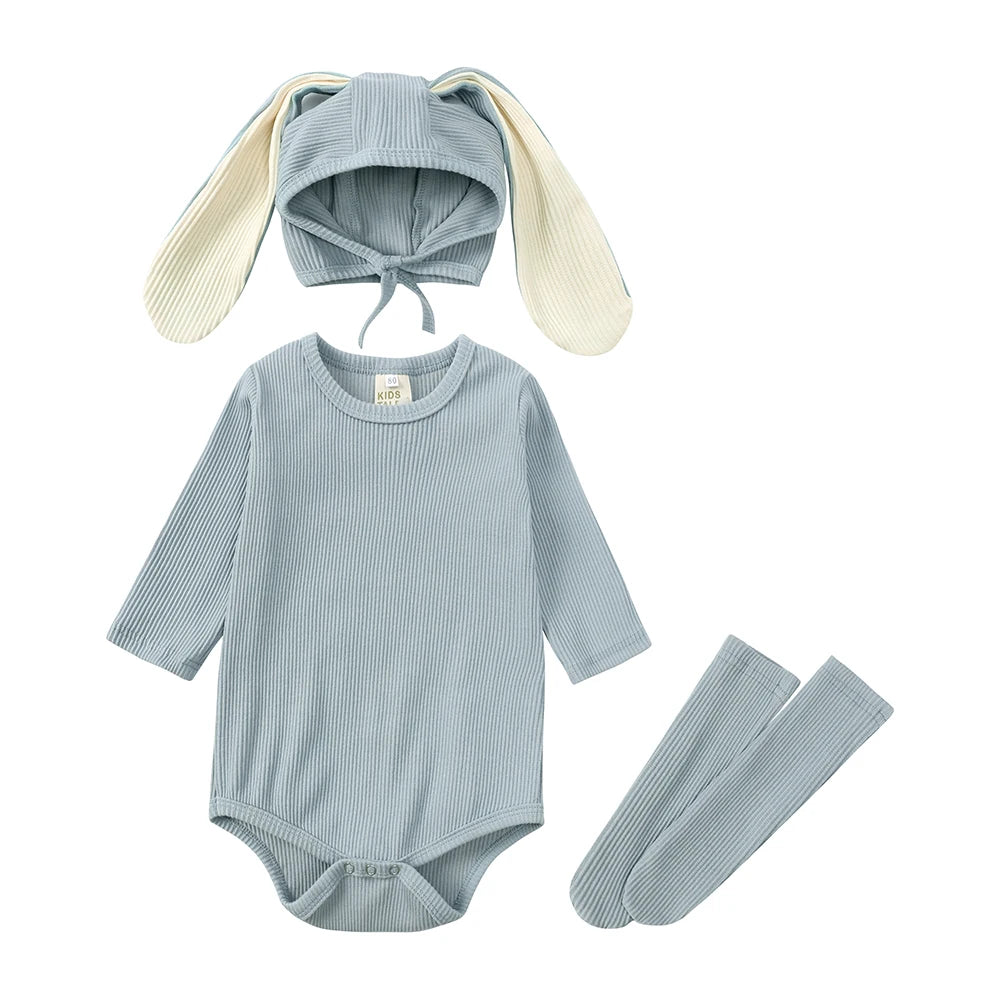 2024 Baby Rabbit Easter Romper Ear Hat Bodysuit Socks Solid Cotton Jumpsuit 0-24M Korean Cute Toddler Boy Girl Outfits Clothes