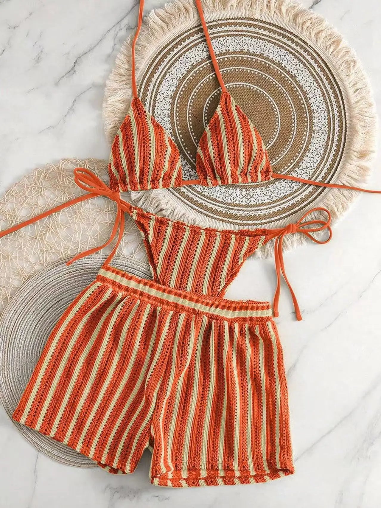 3pcs/Set Bohemian Style Crochet Fabric Drawstring Swimsuit Cover Up Bikini Set For Summer Beach Vacation