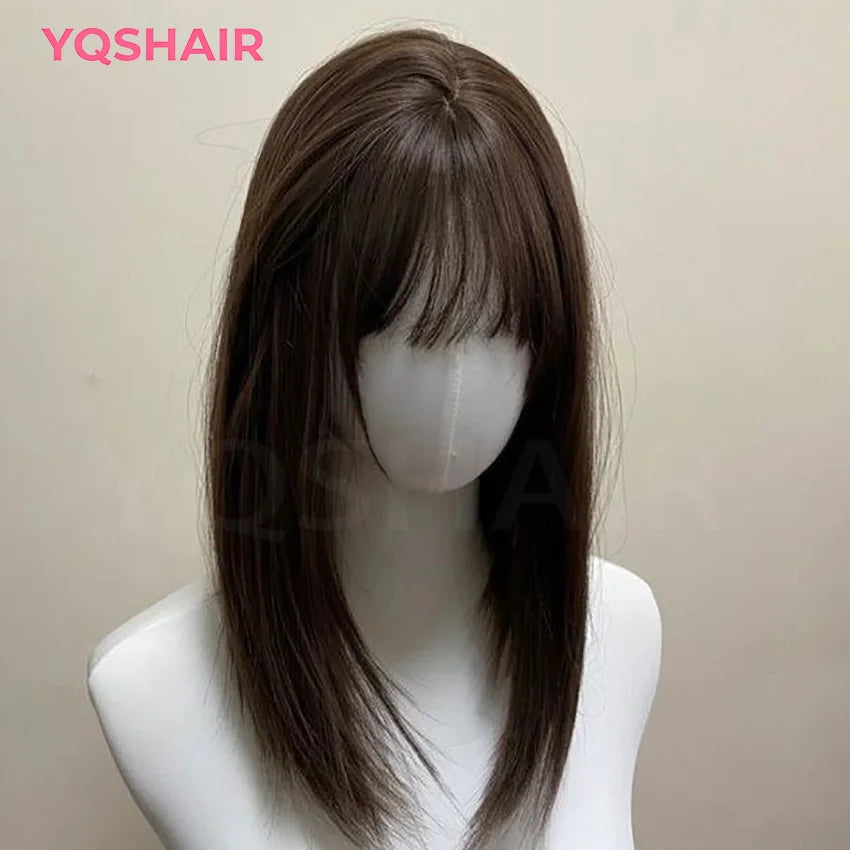 2# Dark Brown with Bangs 6x6“ Silk base Top Wig Glueless for Women 24inch Remy 100% Human Hair Wigs with Elastic Net PU Around