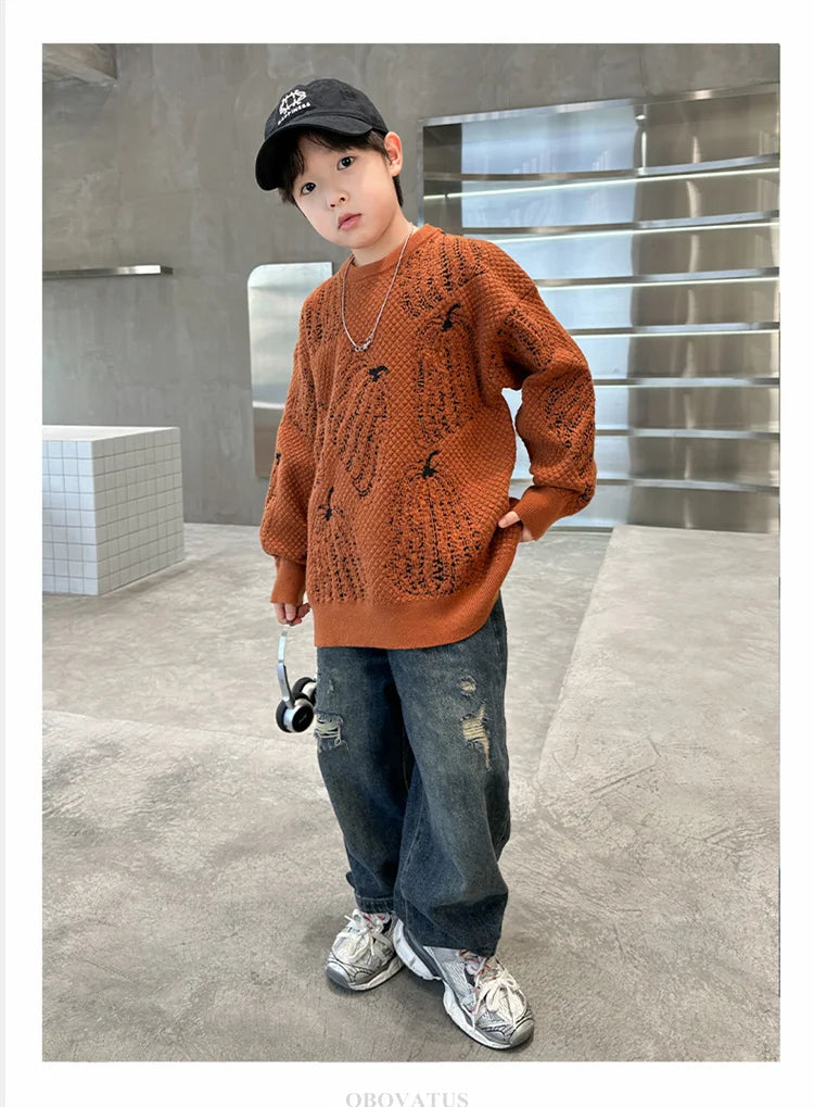 Children Halloween Pumpkin Sweater For Boys Fancy Knitted Outfit Clothing Kids Elegant Pullover Knitwear For Teenagers Age 5-14T