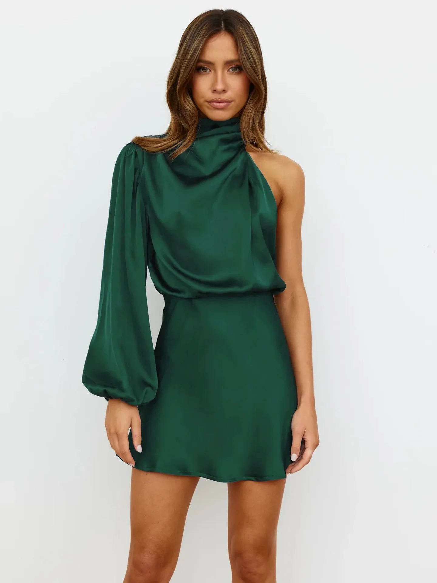 Silk Satin Long Sleeve Mini Skirt Spring 2024 Women's Single Shoulder Cocktail Dress round Neck Short Skirt Fashionable Ladies'
