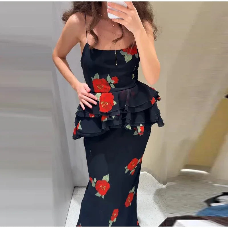Sexy Flower Print Top Long Skirt Set Women Slim Ruffle Strap U-neck Top Loose High Waist Skirts  Fashion Summer Party Suit