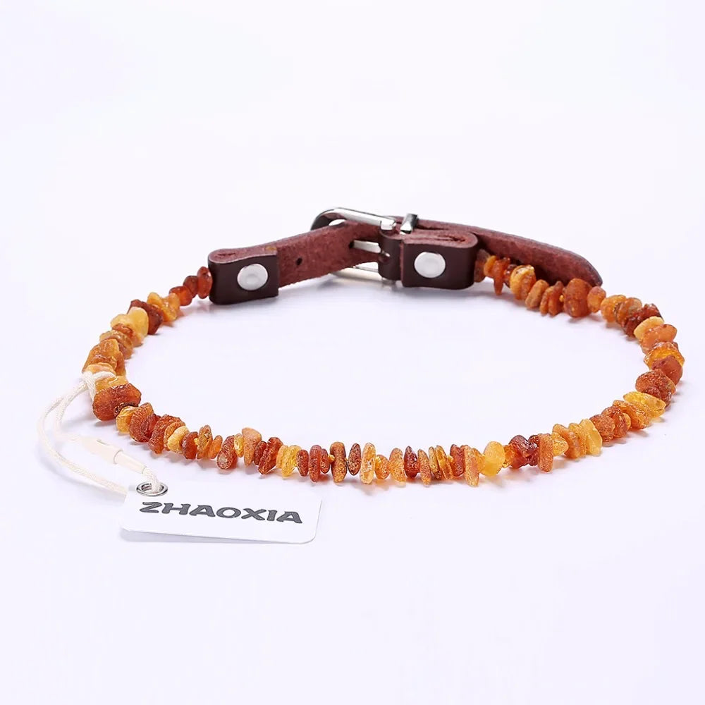 Raw Baltic Amber with Adjustable Leather Strap for Dogs and Cats