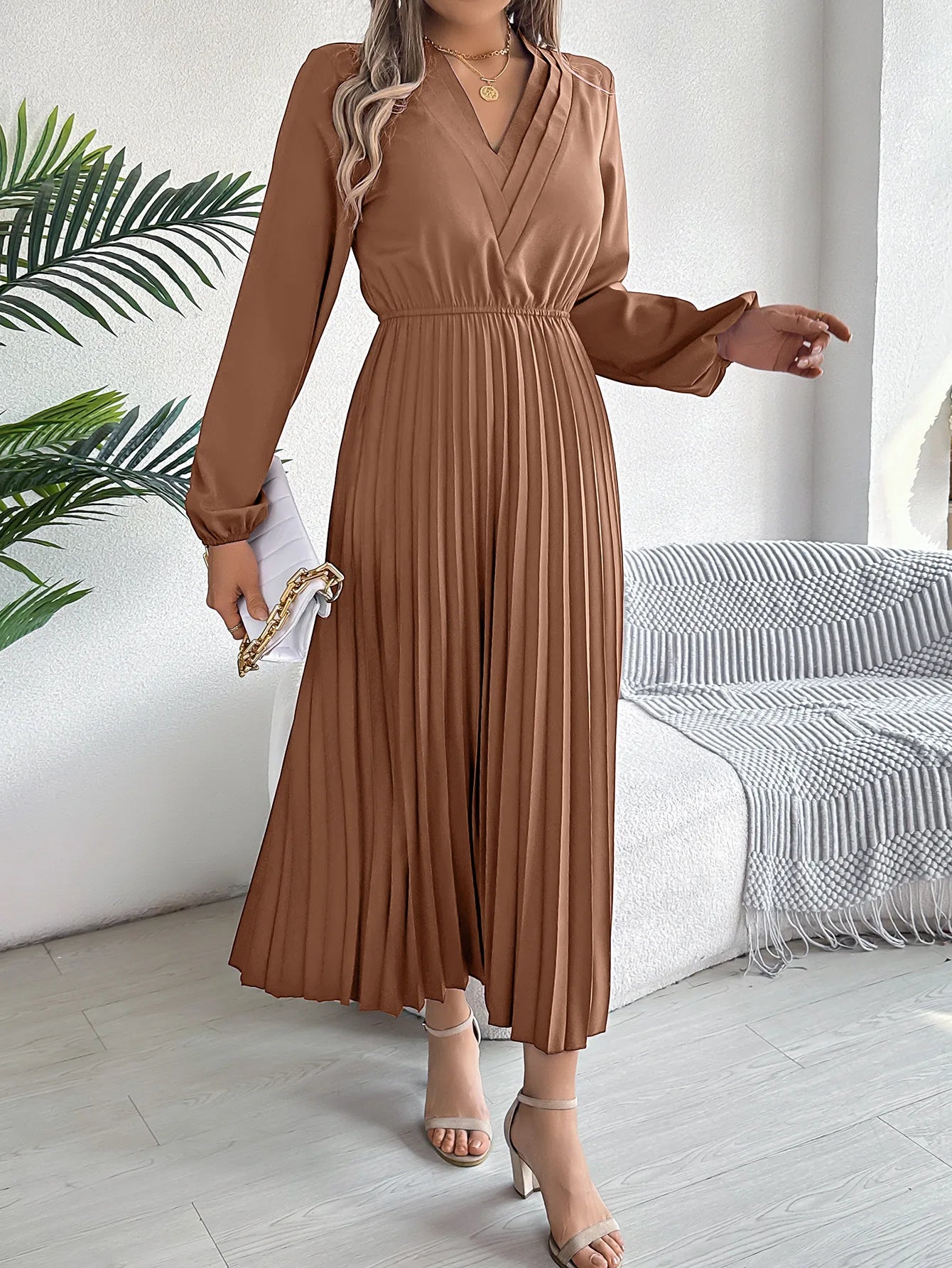 Women's Elegant Solid Color V-Neck Waist-Cinching Long Sleeve Midi Dress with Pleated Ruffles | Spring Autumn Fashion