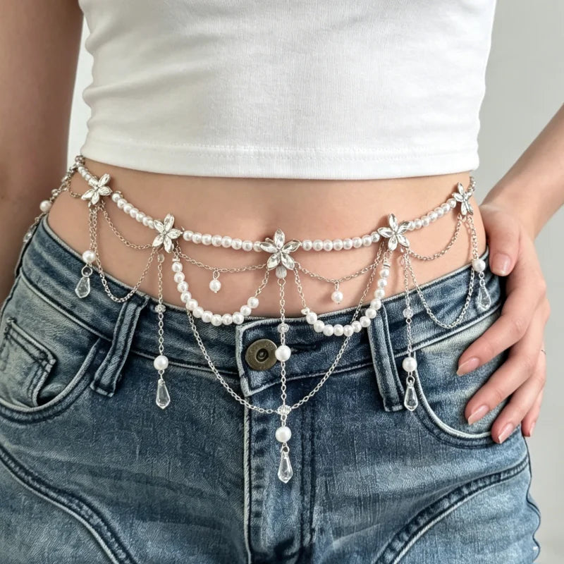 Fashionable Multi-Layer Pearl Tassel Waist Chain for Women Elegant Floral Body Chain Summer Holiday Accessory Gentle Style