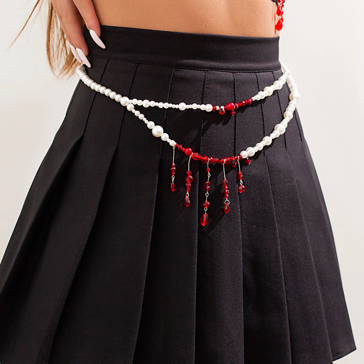Salircon Punk Imitation Pearl Double Layer Waist Chain Gothic Red Crystal Bead Pendant Belly Chain Women Sexy Trend Body Jewelry