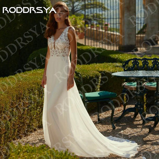 RODDRSYA Boho V Neck Wedding Dresses Chiffon Bohemian Open Back Lace Appliques A Line Bridal Dress Customized hochzeitskleid