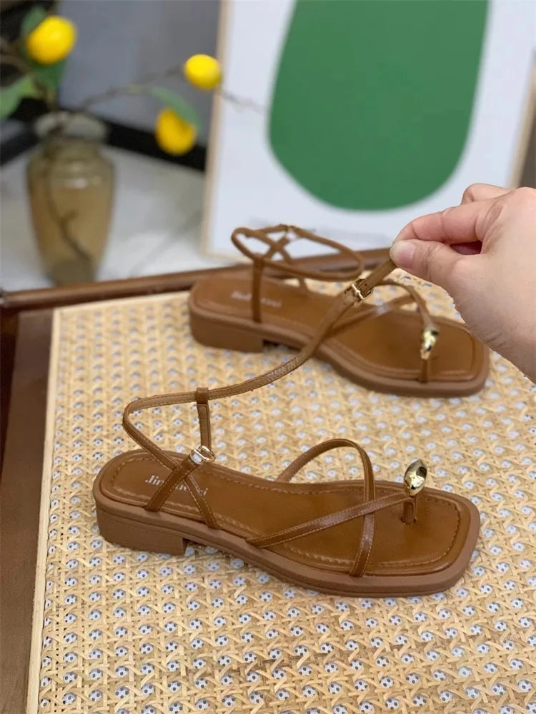 Sandals Women 2024 Summer New Fashion Square Toe Roman Shoes Simple Fairy Strap Women Shoes Flat Casual Shoe Sandalias De Mujer