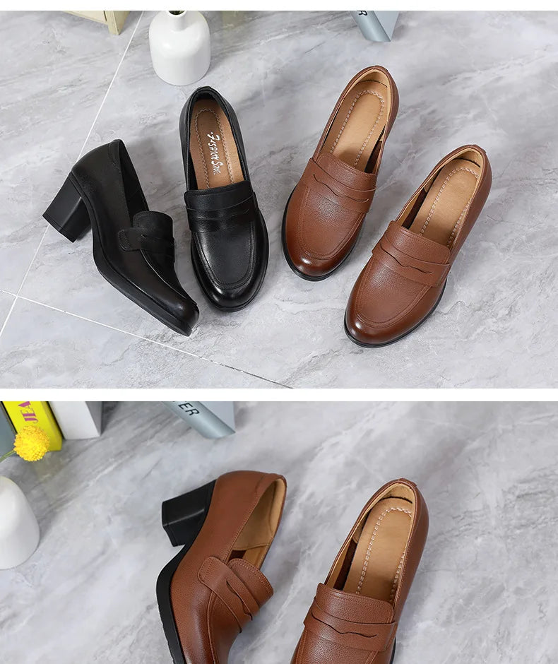 GKTINOO Pumps Women Genuine Cow Leather Round Toe Slip-On Loafers Med Heel Lady Shoes Handmade Women's Work Shoes