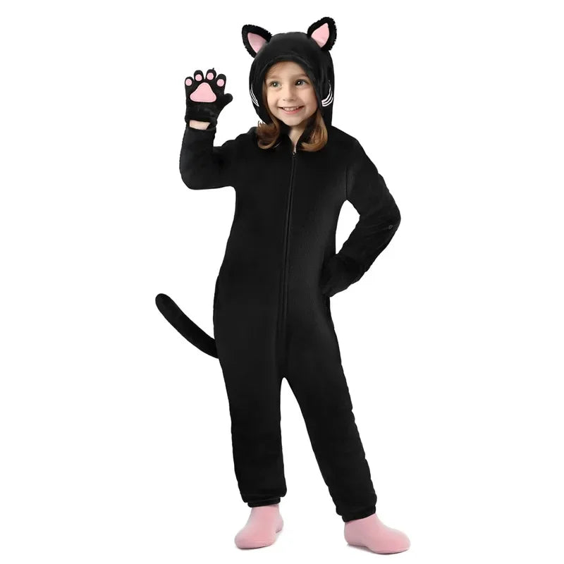 4 6 8 10 12 Years Girls Black Cat Jumpsuits Unicorn Pajamas Kigurumi Toddler Kids Hooded Flannel Home Wear Children Onesie
