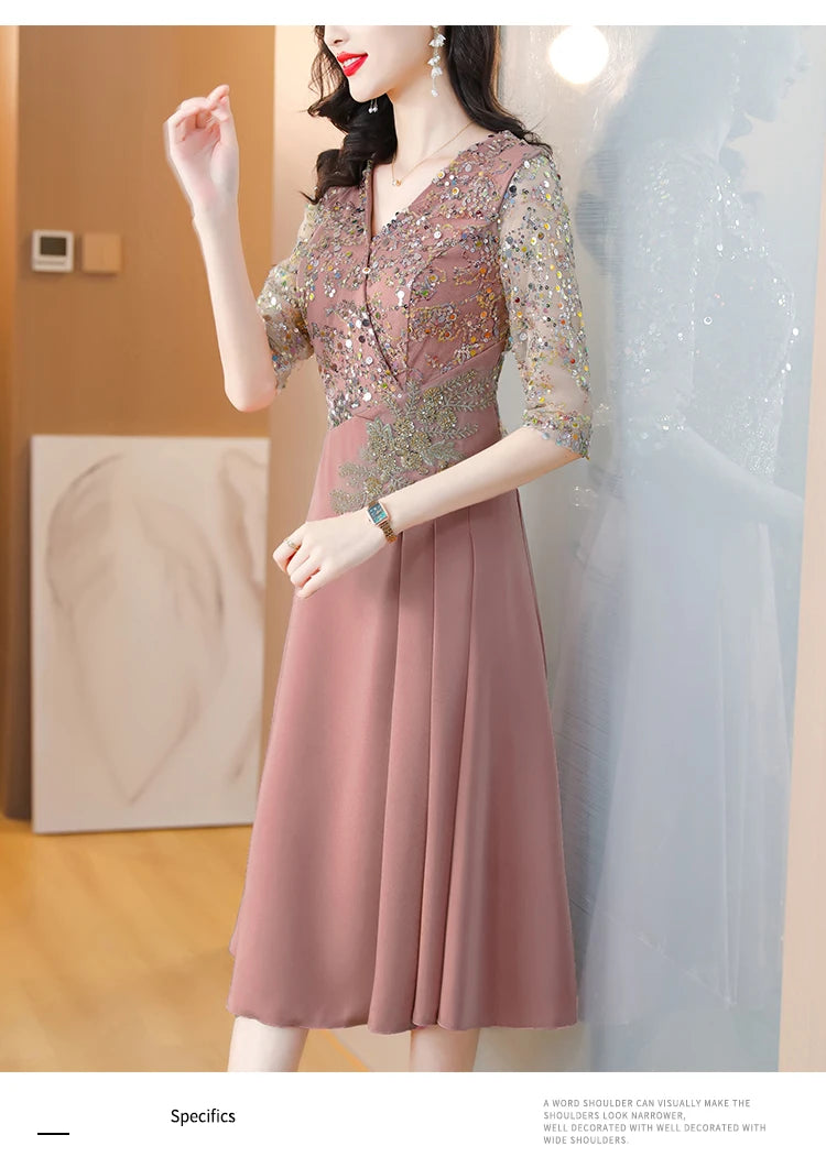 Summer New Sequins Luxury Chic Evening Wedding Dress 2024 Women's Elegant Bodycon Midi Dress Satin Vintage Casual Party Vestidos