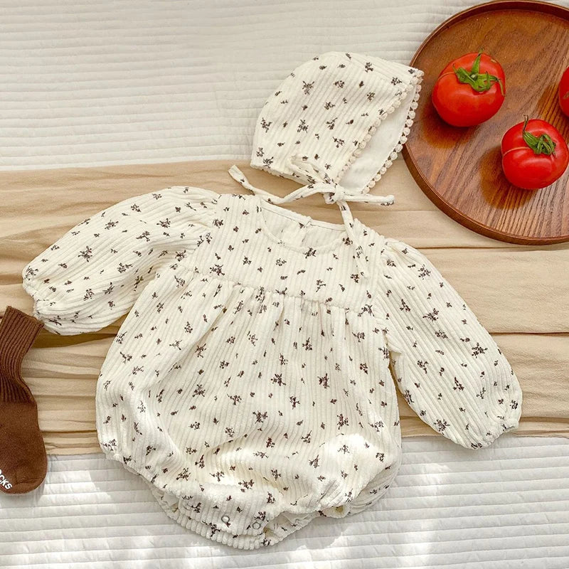 2024 New Autumn Kids Clothing Spring Infant Baby Girl Bodysuits+Hat Corduroy Long Sleeve Printing Newborn Baby Girl Jumpsuit