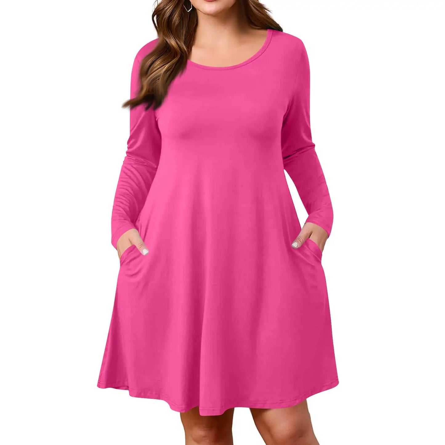 Plus Size Dress for Women Solid-Colour Casual Dress Spring/Autumn Pocket Round Neck Long-Sleeved Dresses vestidos femenino
