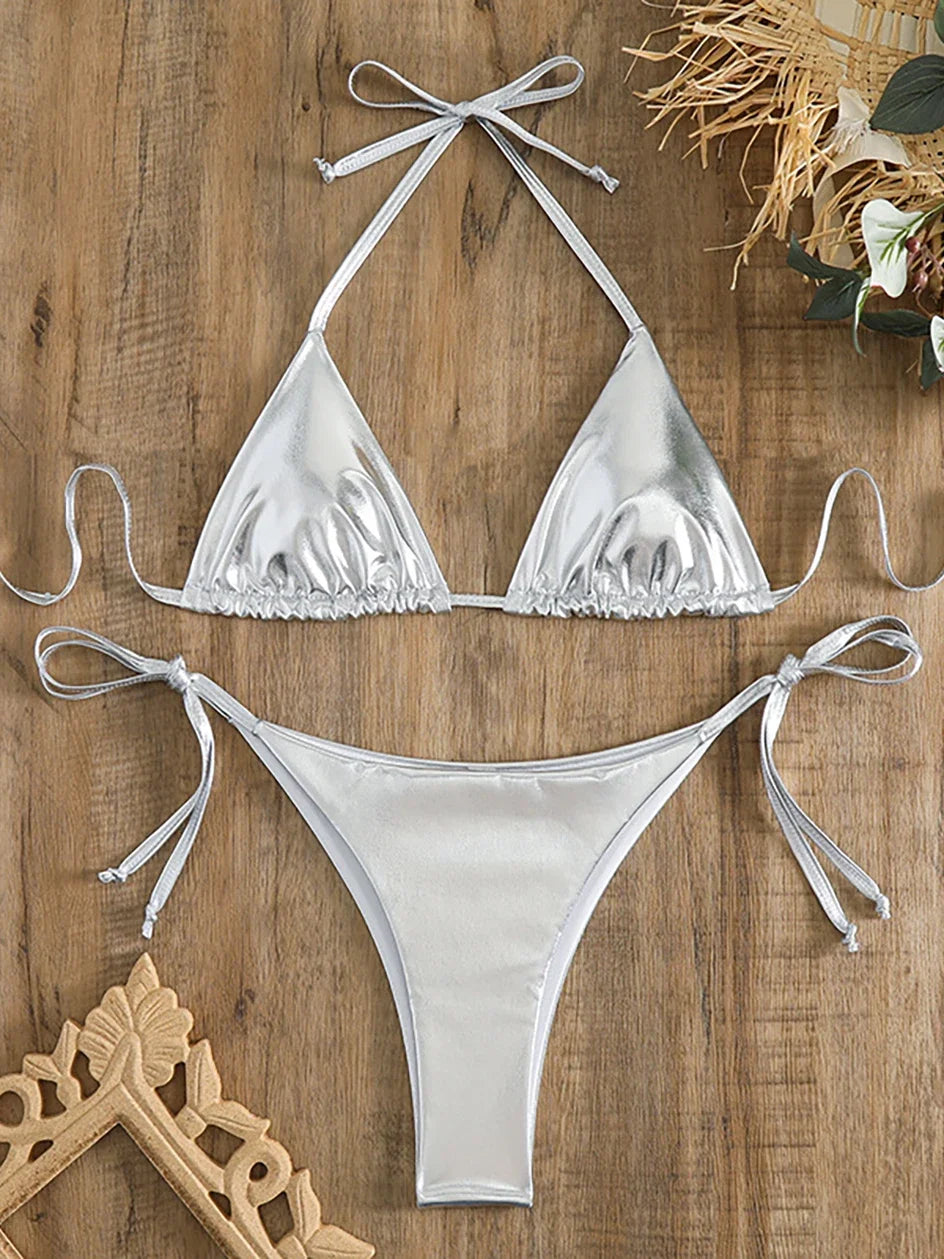 Sexy Metallic Halter Bikinis Sets Lace Up Triangle Tie Side Bikini 2026 Swimsuit Women Swimwear Brazilian Female Bathing Suits