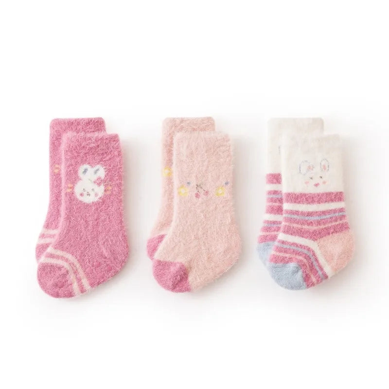 3Pair Adorable Winter Cartoon Baby Plush Socks,Soft Socks for 0-24 Mother Baby and Toddler,Comfortable Footwear for Little Ones