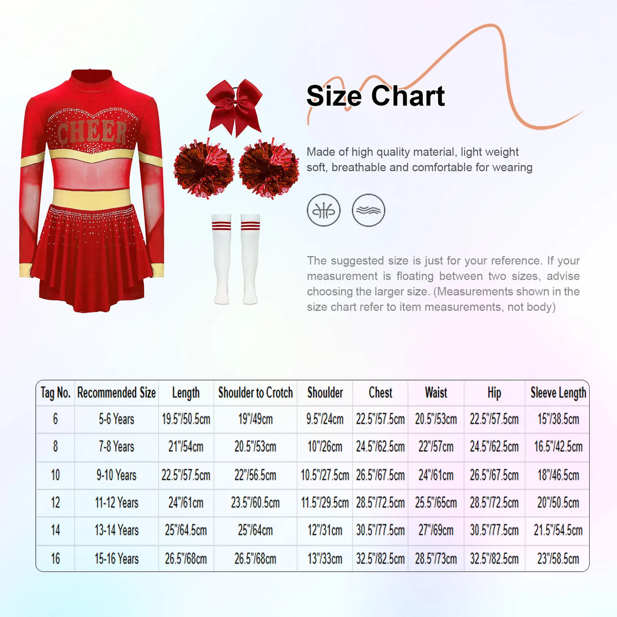 Girls Cheerleader Costume Long Sleeve Cheerleading Uniform Children Cheer Dance Dress Hand Flower Socks Stage Dancewear Sets