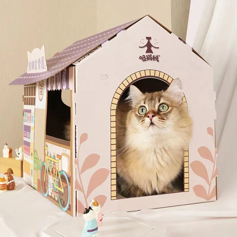 Removable Cat House Corrugated Stratching Post Toy Scratcher Cardboard Scraper for Cats Kitten Scratch Sleeping Bed