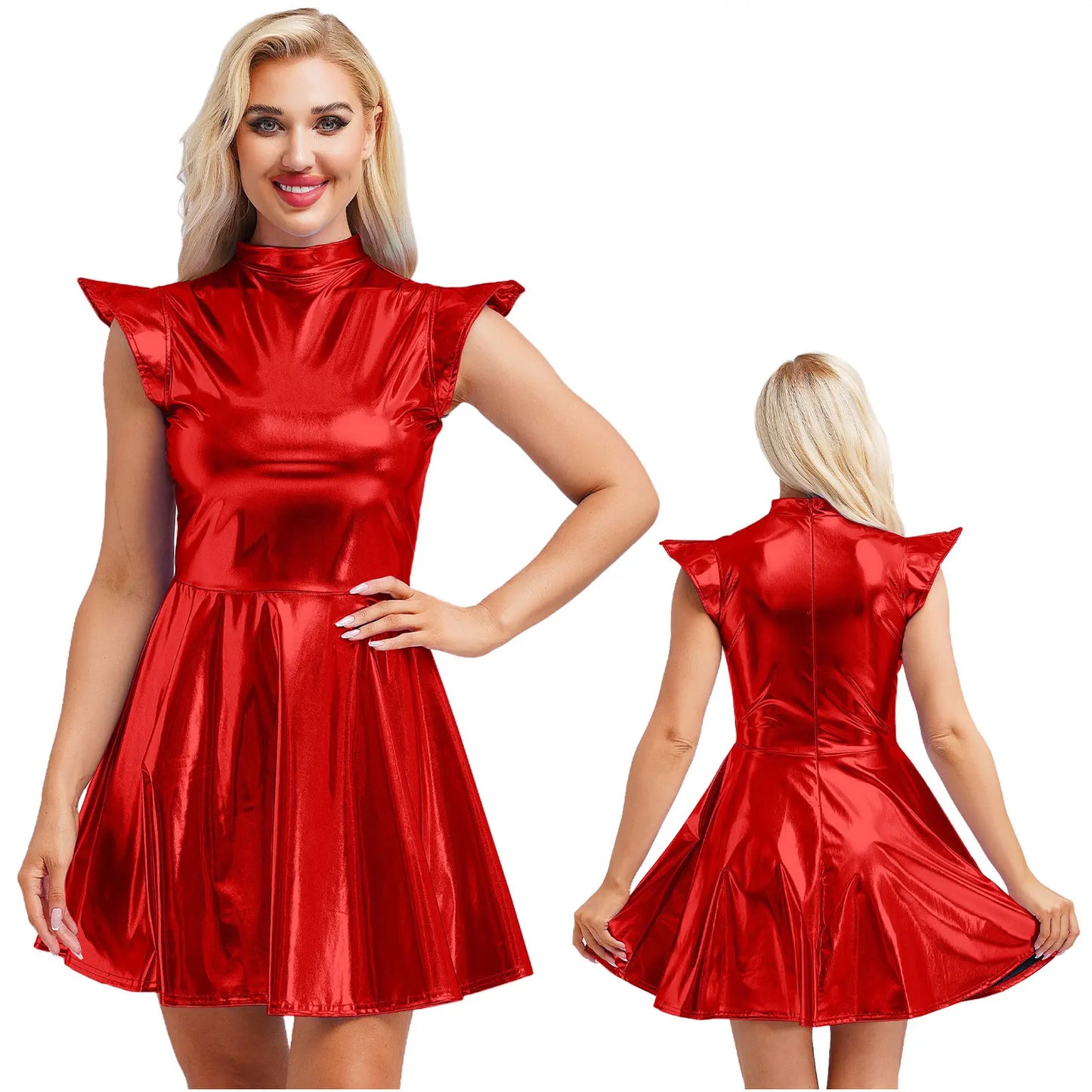 Womens High Waist A-line Dress Shiny Metallic Mock Neck Cap Sleeve Dress Modern Pole Dance Rave Party Bar Club Wear Street Wear