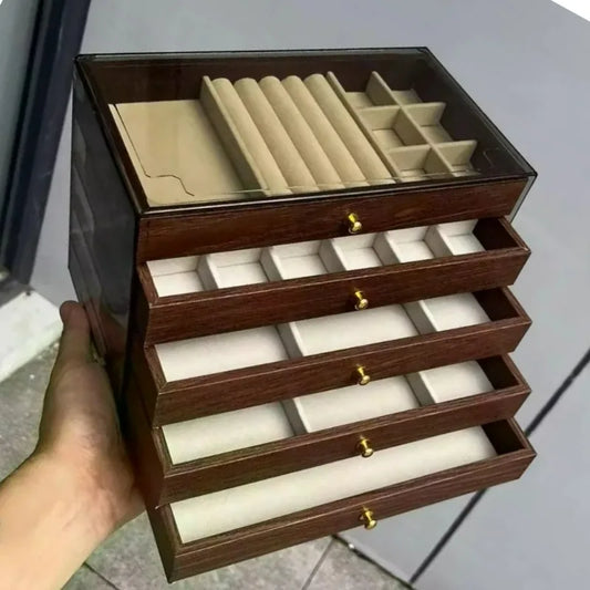 3-layer Large Capacity Drawer Walnut Wood Jewelry Storage Box Suitable for Earring Necklace Ring Jewelry Oxidation Prevention