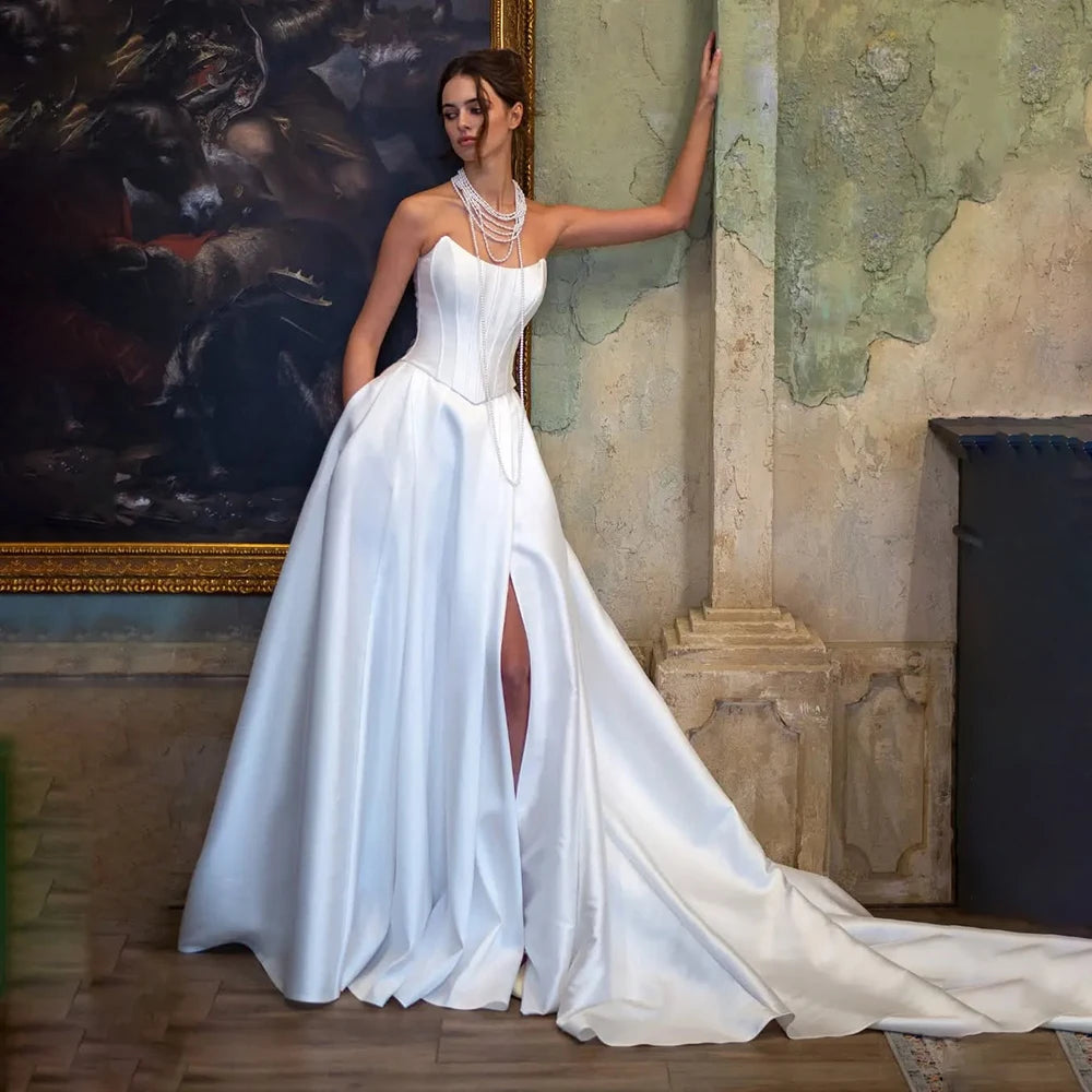 Newest Satin Strapless A-Line Wedding Dresses Backless Corset Evening Dress For Women Plus Bride Gown vestidos de novia