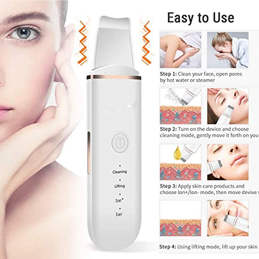 Ultrasonic skin scrub, facial skin cleansing, pore blackhead cleaning machine, and skincare tools for deep facial cleansing