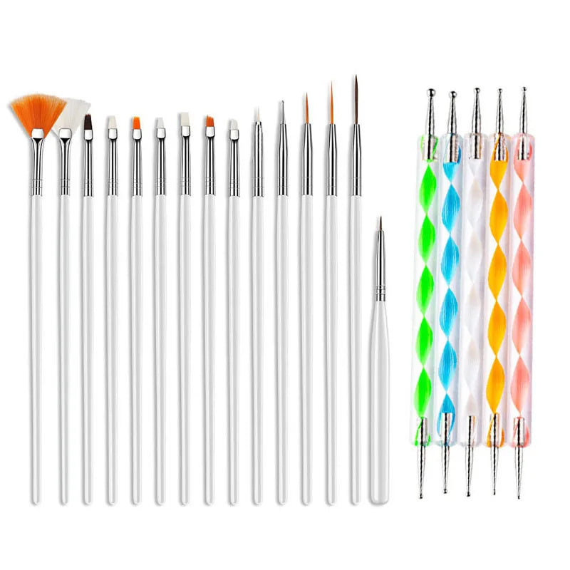 5/20Pcs Nail Art Brush Design Tip Painting Drawing Carving Dotting Pen FlatFan Liner Acrylic Gel UV Polish Manicure Tools