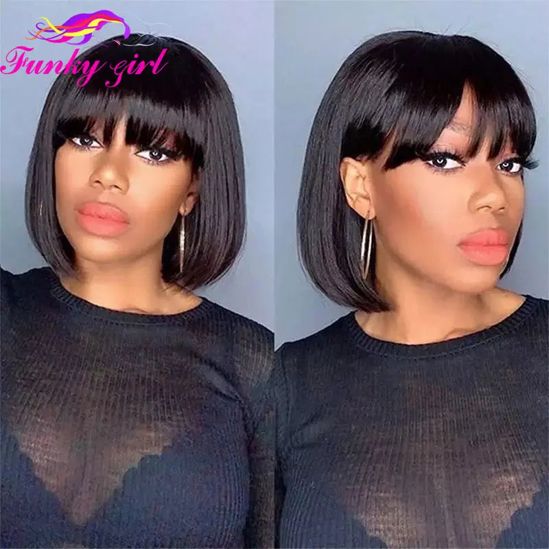 100% Human Hair Wig With Bangs Brazilian Straight Bangs Bob Wigs Full Machine Made Wig For Women Short Bob Wigs 8-16Inch