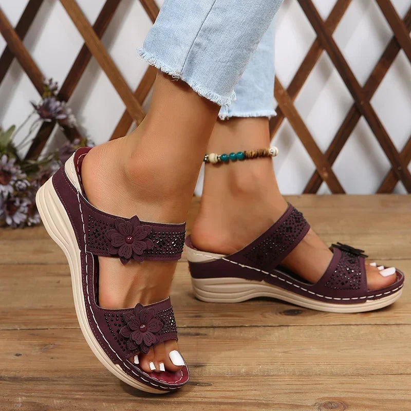 2024 Summer Women Slippers Plus Size Women's Shoes Retro Roman Sandals Women Pu Casual Flower Wedge Sandals Platform Slippers