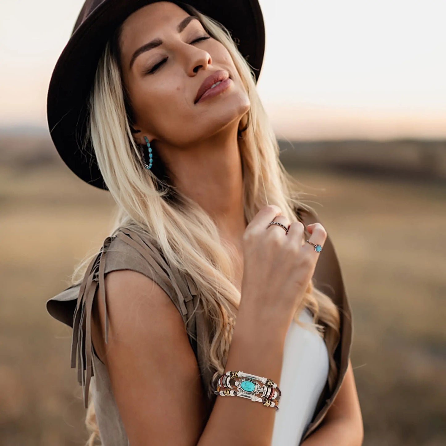 Turquoise Jewelry Set For Women Men Pendant Necklace Western Dangle Earrings Faux Leather Bracelets Boho Rings Set Jewelry Gift