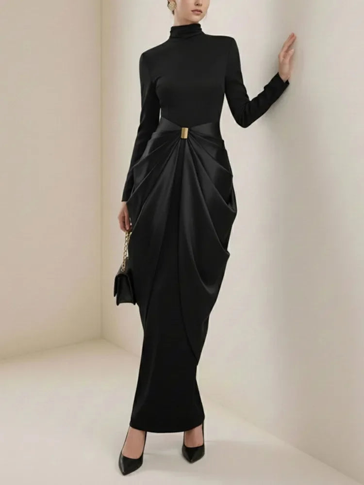 Missuoo 2025 Autumn New Women's Evening Dress Black High Neck Long Sleeves Split-joint Pleated Maxi Dress High Waist Party Gown