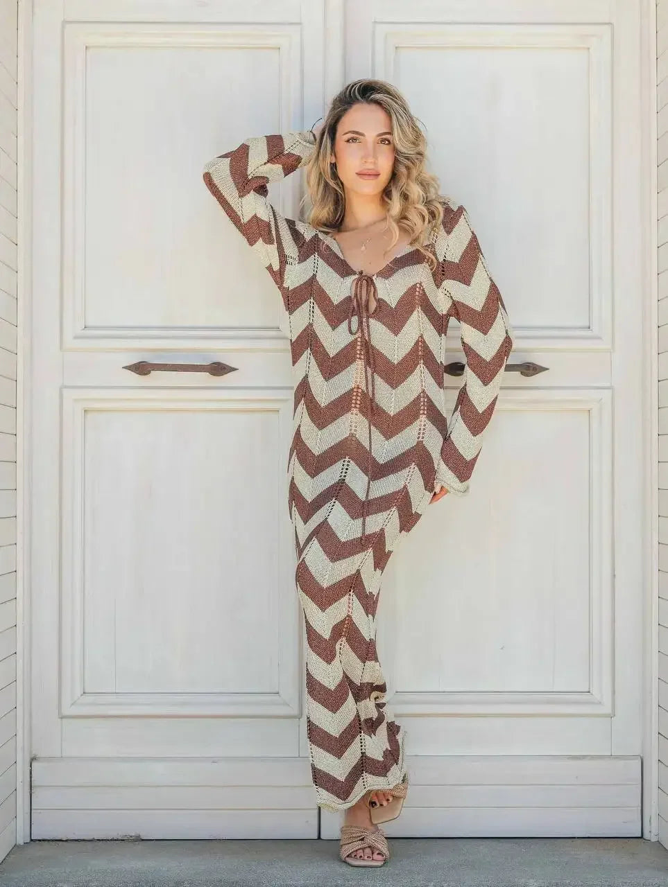 2025 Women's  Stripled Long Sleeve Slim Elegant Knitted Maxi Dress V Neck Autumn New Lace Up Hollow Sexy Beach Cover Up Dress