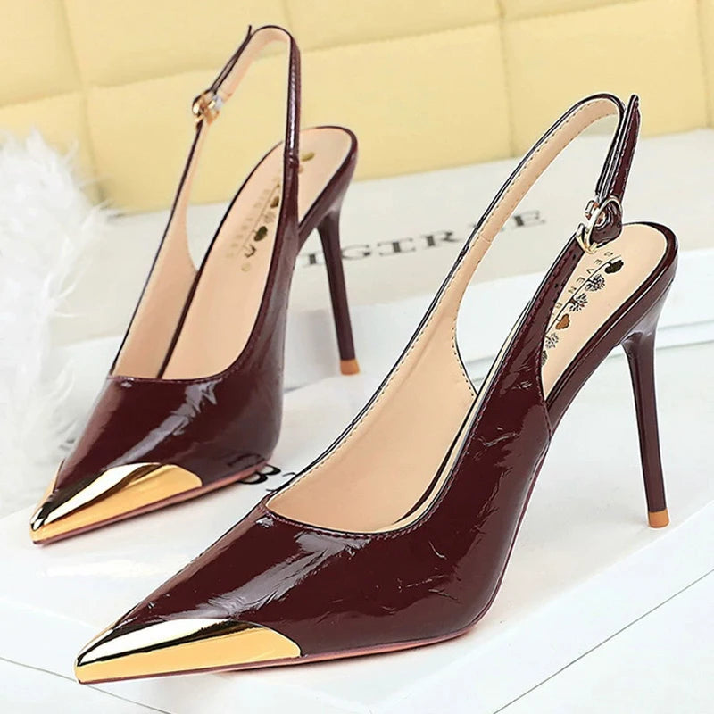 New Women 9.5 cm Heels Metal pointed tip Women Pumps Hollow out hook strap High heeled Sandals Women Summer Shoes Plus Size 43