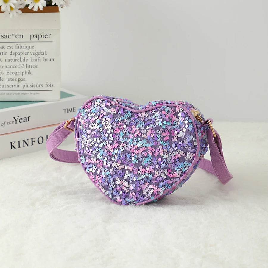Glitter Heart Shape Crossbody Bag For Girls Purple Zipper Sequin Sling Bags For Women Outdoor Travel Mini Purse