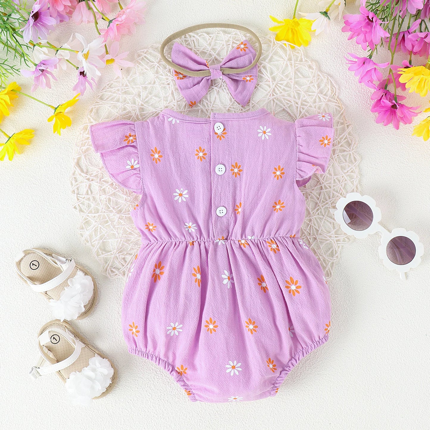 2PCS Summer 0-2 Years Old Comfortable Fashion Cute Baby Girl Multi-Color Printed Flower Jumpsuit + Bow Head Estimate