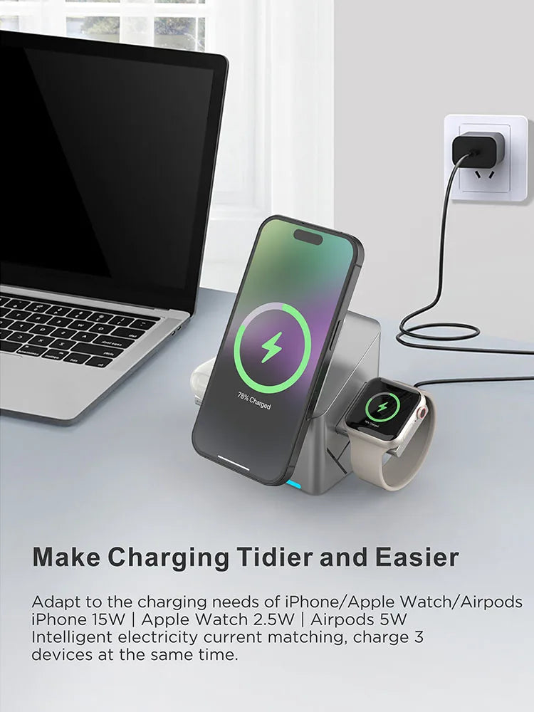 Rotating Qi2 3in1 15w Magnetic Wireless Charger Stand For iPhone 16 15 14 13 12 Max  iWatch Airpods Fast Charging Dock