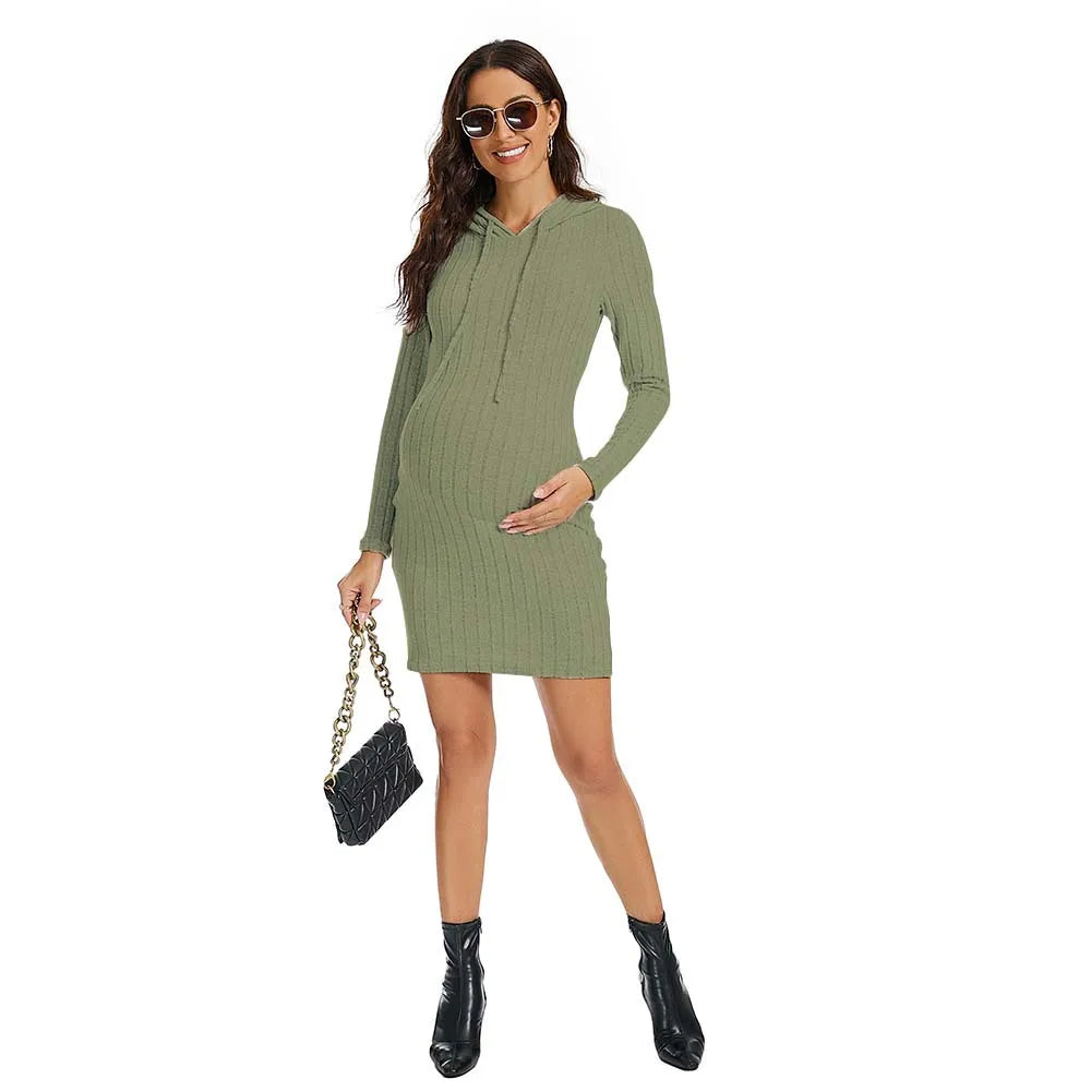 Pregnancy Dresses Relaxation Maternity Clothing Autumn Solid Color Knit Hoodie Daily Dress Close-fitting Skirt Women Clothes