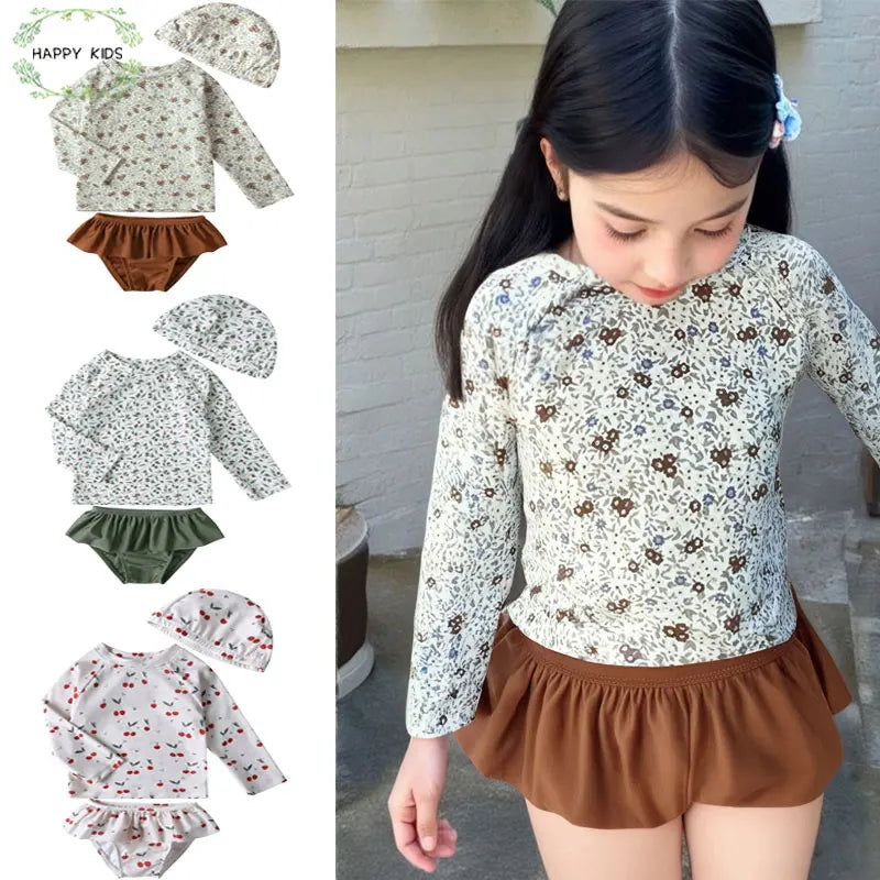 2026 Summer Kids Girls Swimwear Clothes Set Top+Bottom Shorts +Hat For Children's Bathing Swimming Suit Beach Teenage Outfits