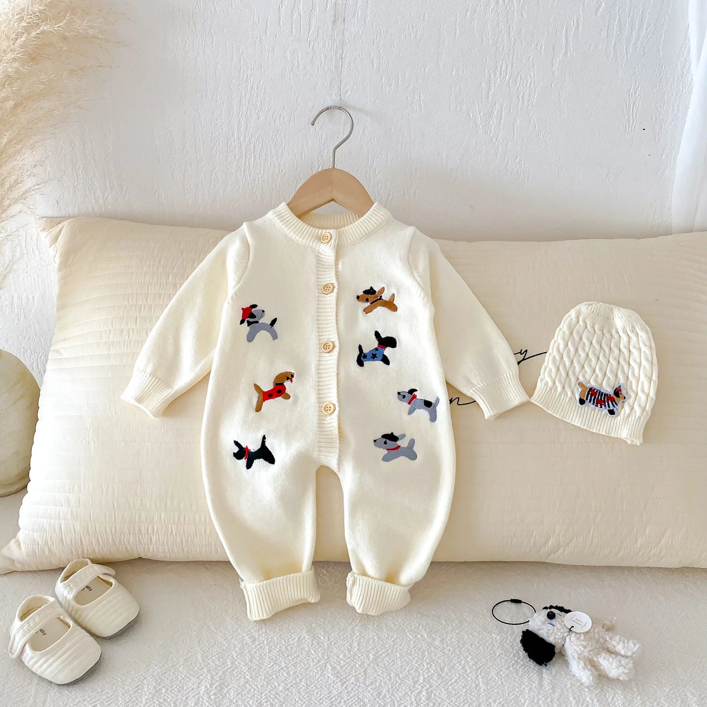 2Pcs Autumn and Winter Baby Clothes Cute Cartoon Dog Newborn Clothes Knitted Warm Boys and Girls Baby Jumpsuit+Hat Set