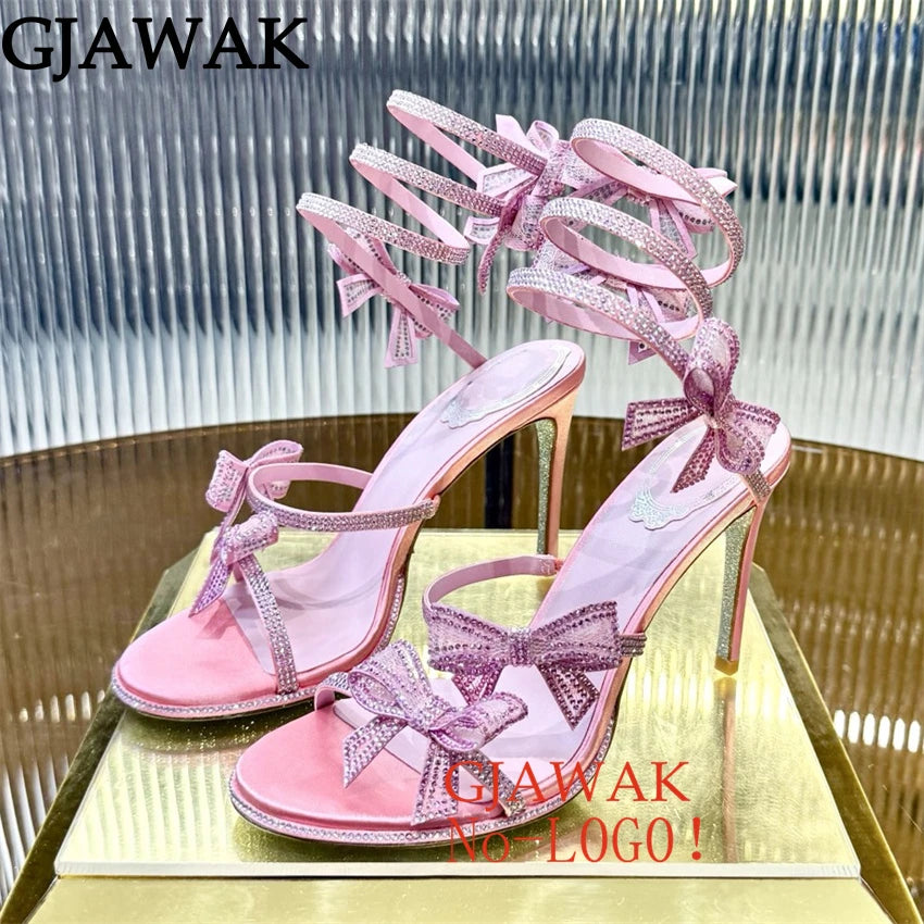 Summer Crystal Bowknot High Heels Sandals Woman Twine Around Ankle Snake Wedding Shoes For Woman Runway Gladiator Sandals Women