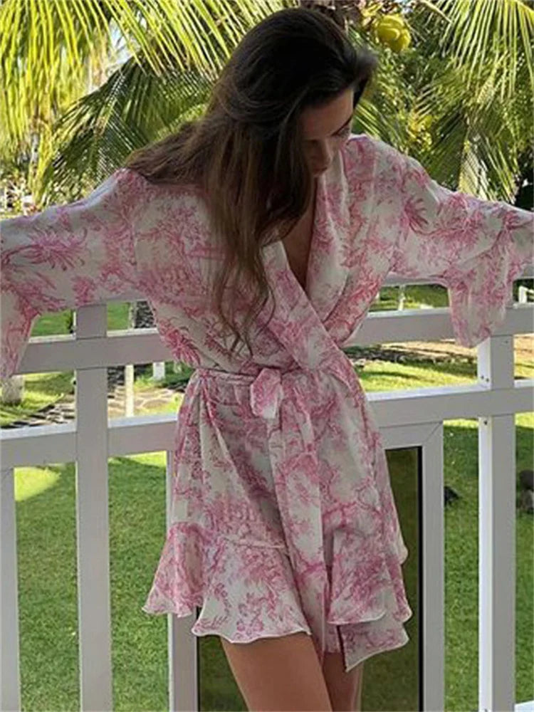 Tossy Ruffled Printed Lace-Up MIni Dress Women V-Neck Patchwork Contrast Fashion Elegant Bandage Party Dress Female Summer Dress