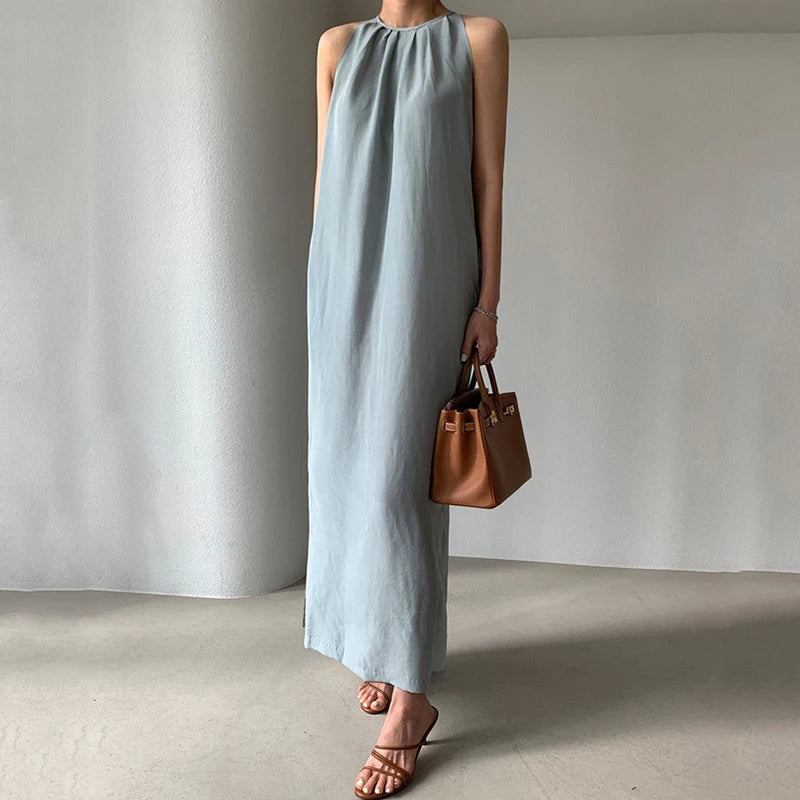 HELIAR Women Halter Strapless Sexy Dress Lace Up Waist Elegant Office Dress Holiday Beach A-line Long Dress Casual Vestidos