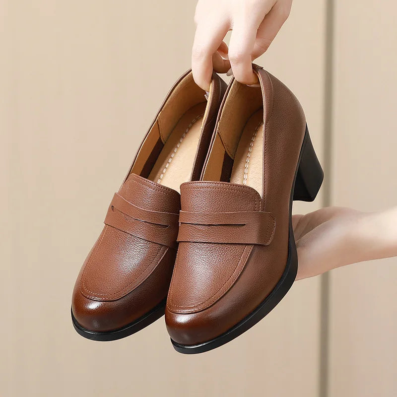 GKTINOO Pumps Women Genuine Cow Leather Round Toe Slip-On Loafers Med Heel Lady Shoes Handmade Women's Work Shoes